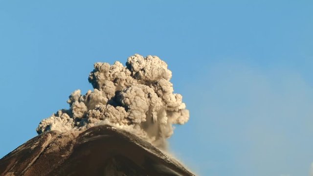 Reventador Volcano erupting at dawn, September 2016. The mountain is situated in a remote part of the Ecuadorian Amazon surrounded by rainforest. 