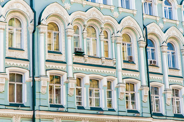 Detail of the facade of a building in Ilyinka street, Moscow, Russia.