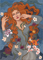 vector beautiful red-haired girl in an old-fashioned dress, waves of the river, water, and flowers - 226969951