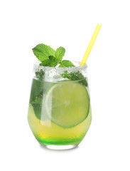 Glass of fresh mojito on white background