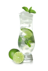 Glass of fresh mojito on white background