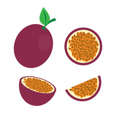 Passion fruit with branch and slice icon vector illustration