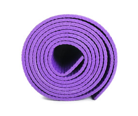 Rolled yoga mat on white background