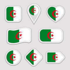 Algeria flag stickers set. Algerian national symbols badges. Isolated geometric icons. Vector official flags collection. Sport pages, patriotic, travel, school, design elements. Different shapes.