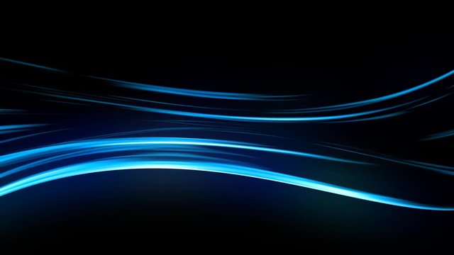 Abstract motion background, shining blue wave on black background, seamless loop.