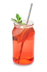 Jar with tasty cold watermelon lemonade on white background