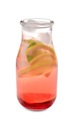Bottle with tasty cold watermelon lemonade on white background