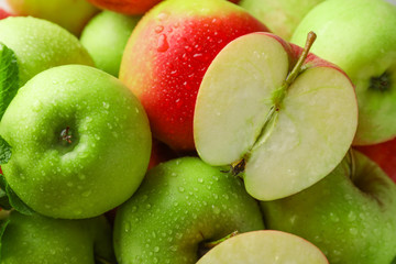 Cut and whole ripe fresh apples, closeup