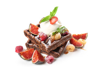 Delicious waffles with fruits and ice cream on white background