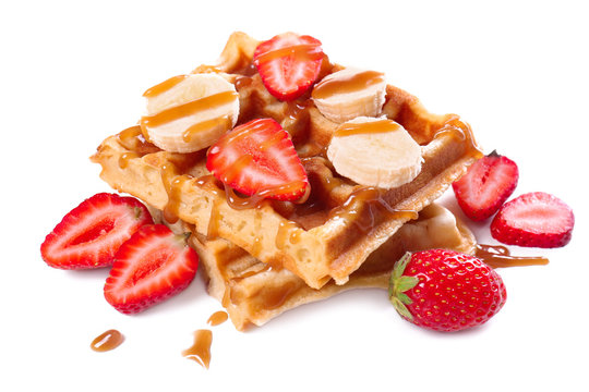 Delicious Waffles With Strawberry And Banana On White Background