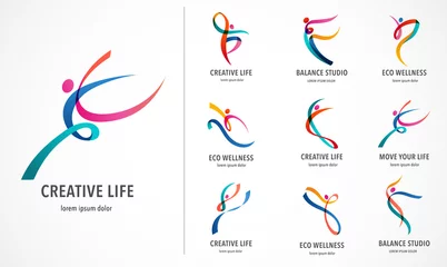 Gordijnen Abstract people logo design. Gym, fitness, running trainer vector colorful logo. Active Fitness, sport, dance web icon and symbol © Marina Zlochin
