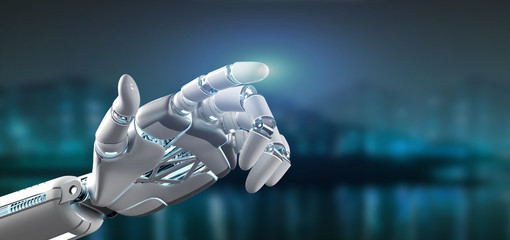 Cyborg robot hand on a city background 3d rendering - obrazy, fototapety, plakaty