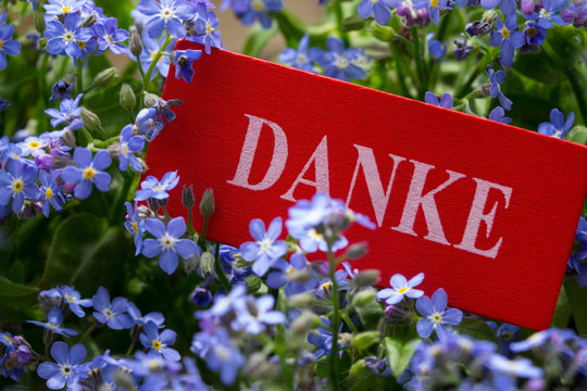 DANKE Schriftzug auf rotem Schildchen in blauen Bl&uuml;ten