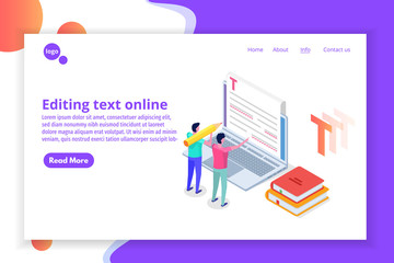 Editable online document. Creative writing and storytelling, copywriting . Online education, distant learningconcept. Isometric Vector illustration.