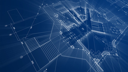 Architecture design: blueprint plan - illustration of a plan modern residential building / technology, industry, business concept illustration: real estate, building, construction, architecture