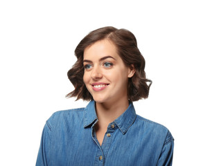 Portrait of beautiful young woman on white background