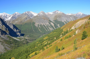 Russia, Altai Republic, mountain peaks of the North-Chuya ridge in sunny weather in summer