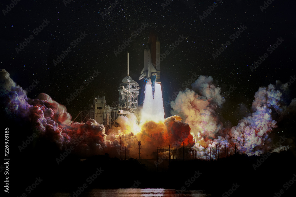 Canvas Prints spaceship launch at night, landscape with colorful smoke clouds and galaxy background. the elements 