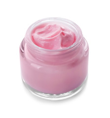 Jar with body cream on white background