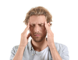 Portrait of stressed man on white background