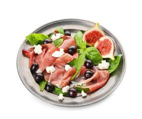 Plate with delicious fig salad on white background