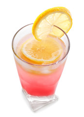 Glass with delicious summer cocktail on white background