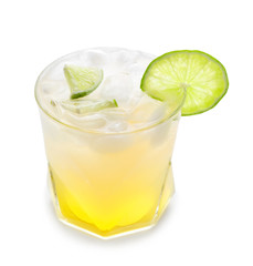 Glass with delicious summer cocktail on white background