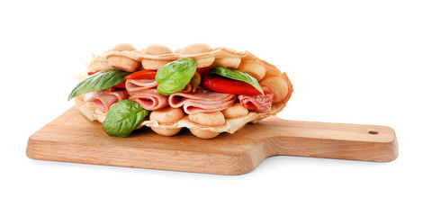 Delicious bubble waffle with vegetables and meat on white background