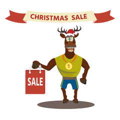 Christmas sale banner background with cute deer.  Retail marketing, new advertising campaign, holiday shopping.