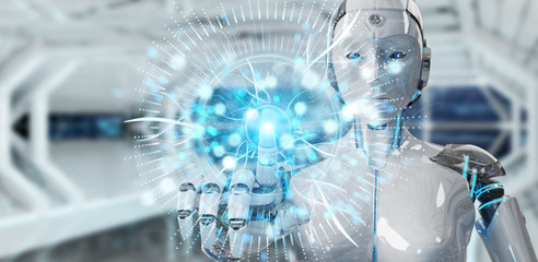 White robot woman using globe network hologram with America Usa map 3D rendering