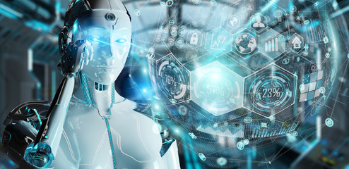 White woman cyborg using digital chart interface 3D rendering