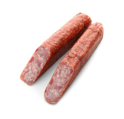 Delicious smoked sausage on white background