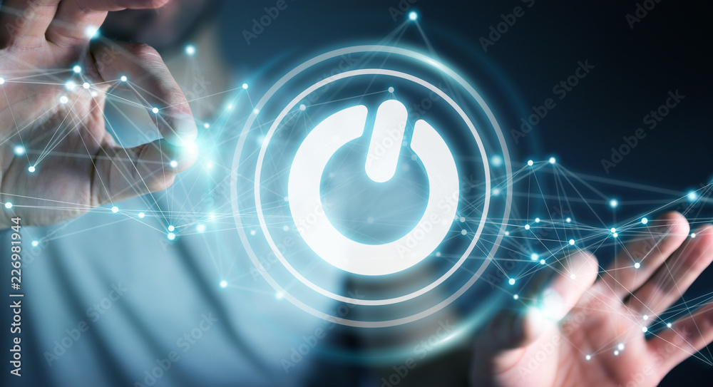 Aufkleber Businessman using 3D render power button with connections