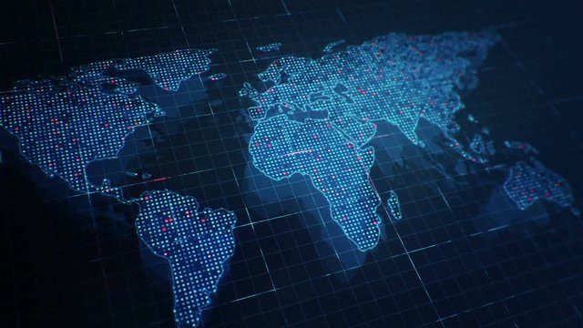 Abstract animation of World map in digital screen with colorful dots and lines. Animation of seamless loop.