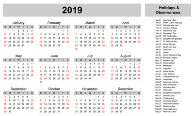 Simple calendar template for 2019 year with holidays and observances isolated on white background. Vector illustration