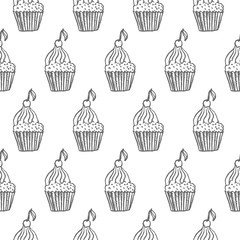 muffin with cherry seamless pattern isolated on white background