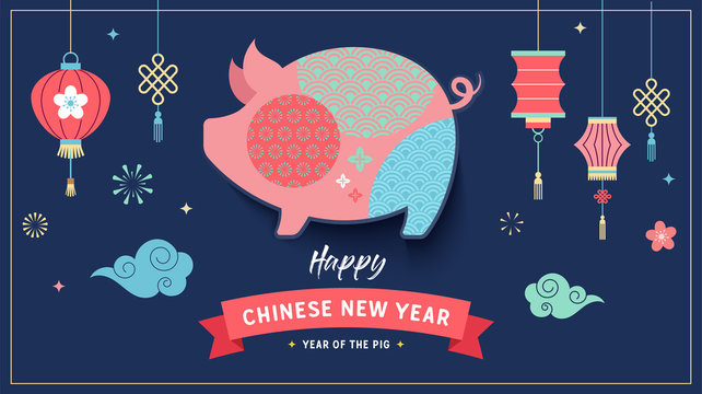 Happy Chinese new year 2019, the year of pig. Vector banner