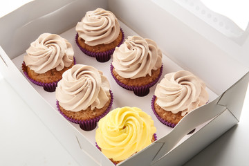 Delicious cupcakes in cardboard box