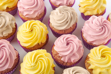 Delicious cupcakes on white background
