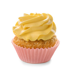Delicious cupcake on white background
