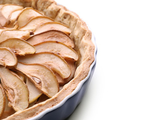 Delicious pear cake on white background, closeup
