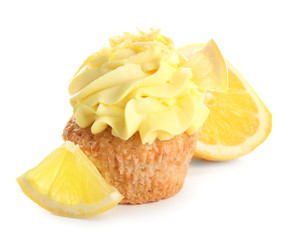 Delicious lemon cupcake on white background