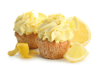 Delicious lemon cupcakes on white background