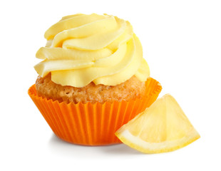 Delicious lemon cupcake on white background
