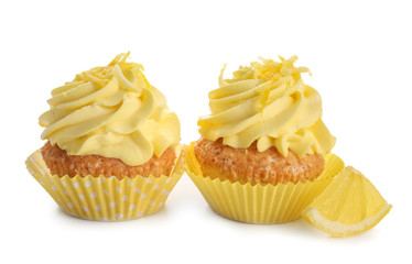 Delicious lemon cupcakes on white background