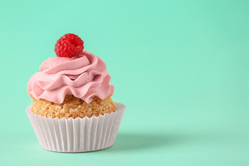 Delicious cupcake on color background