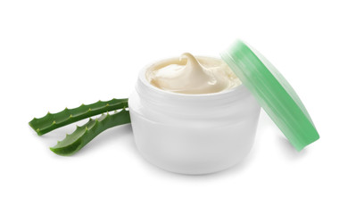 Jar with body cream and aloe vera on white background