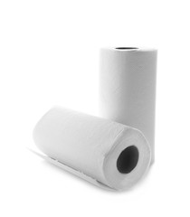 Rolls of paper towels on white background