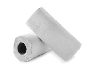 Fototapeta premium Hygiene and household cleaning, two rolls of white paper towels for kitchen maintenance and spill cleanup isolated on a clean white background