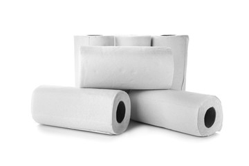 Rolls of paper towels on white background